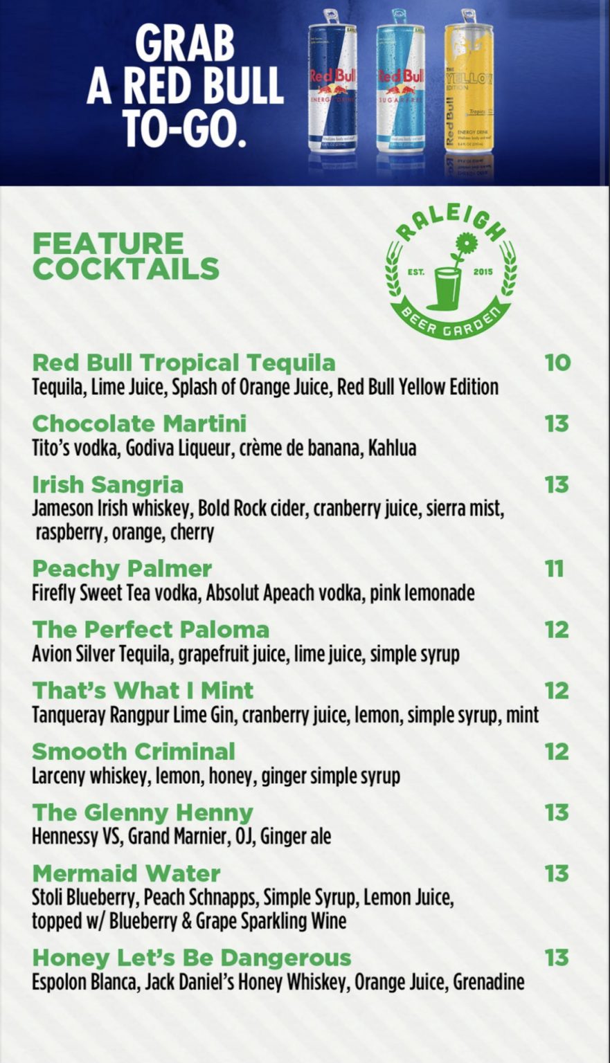 Cocktail Menu The Raleigh Beer Garden