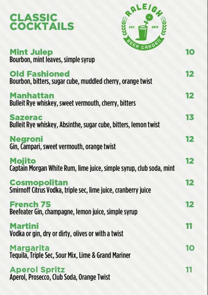 Cocktail Menu The Raleigh Beer Garden